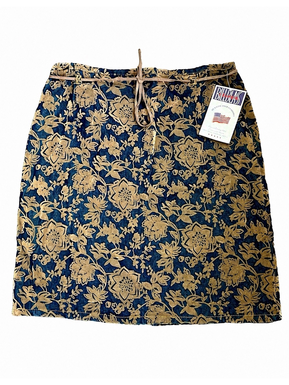 Vintage BILL BLASS JEANS Blue Denim Knee Length Skirt Tan Floral Appliqué 14 NWT - Picture 3 of 16